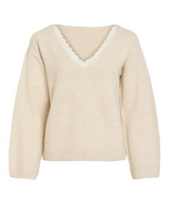 Viliga l/s v-neck rev lace knit top-noos BEIGE